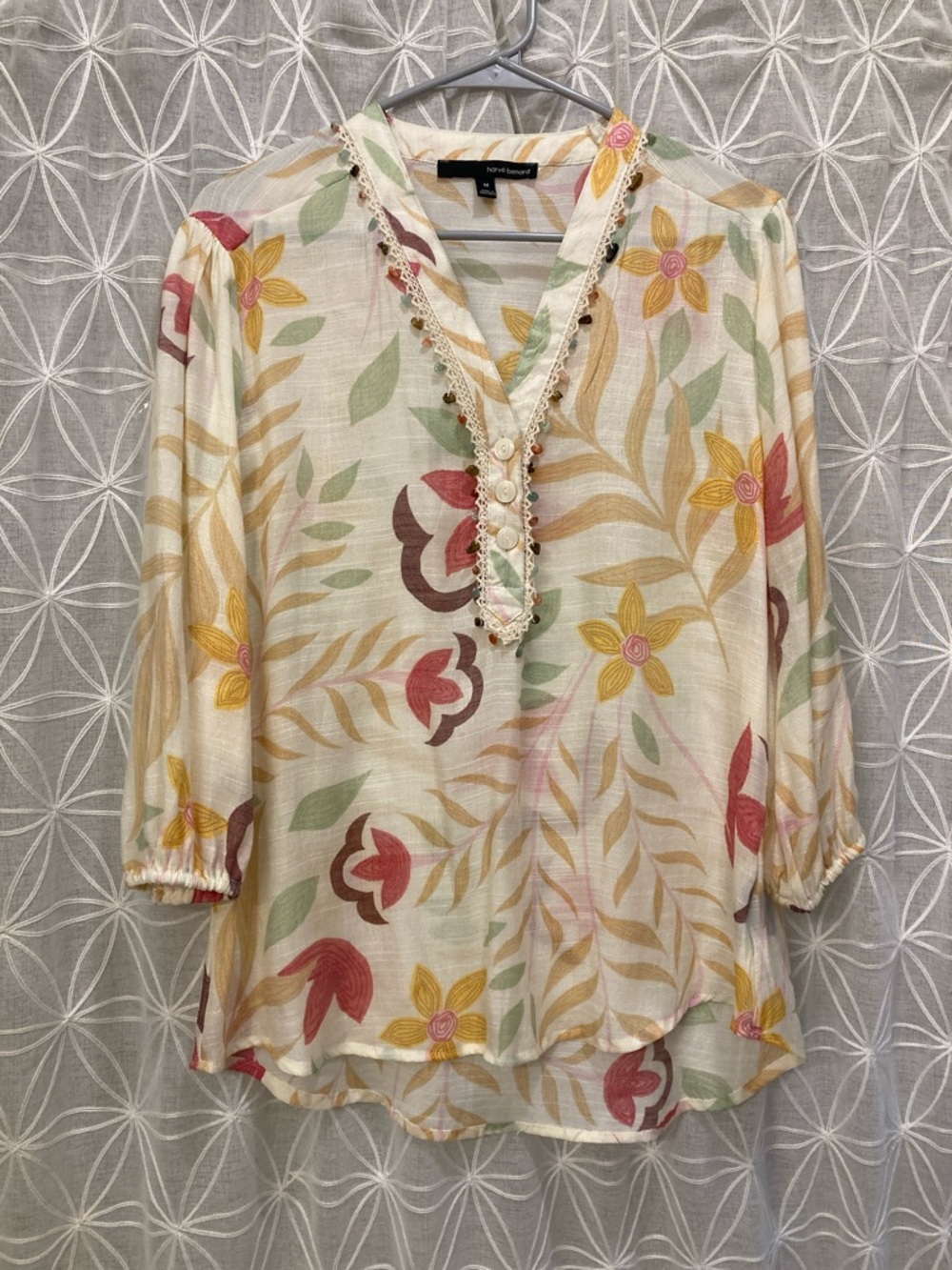 Harve Benard Cream Floral V-Neck Tunic with Crochet Trim